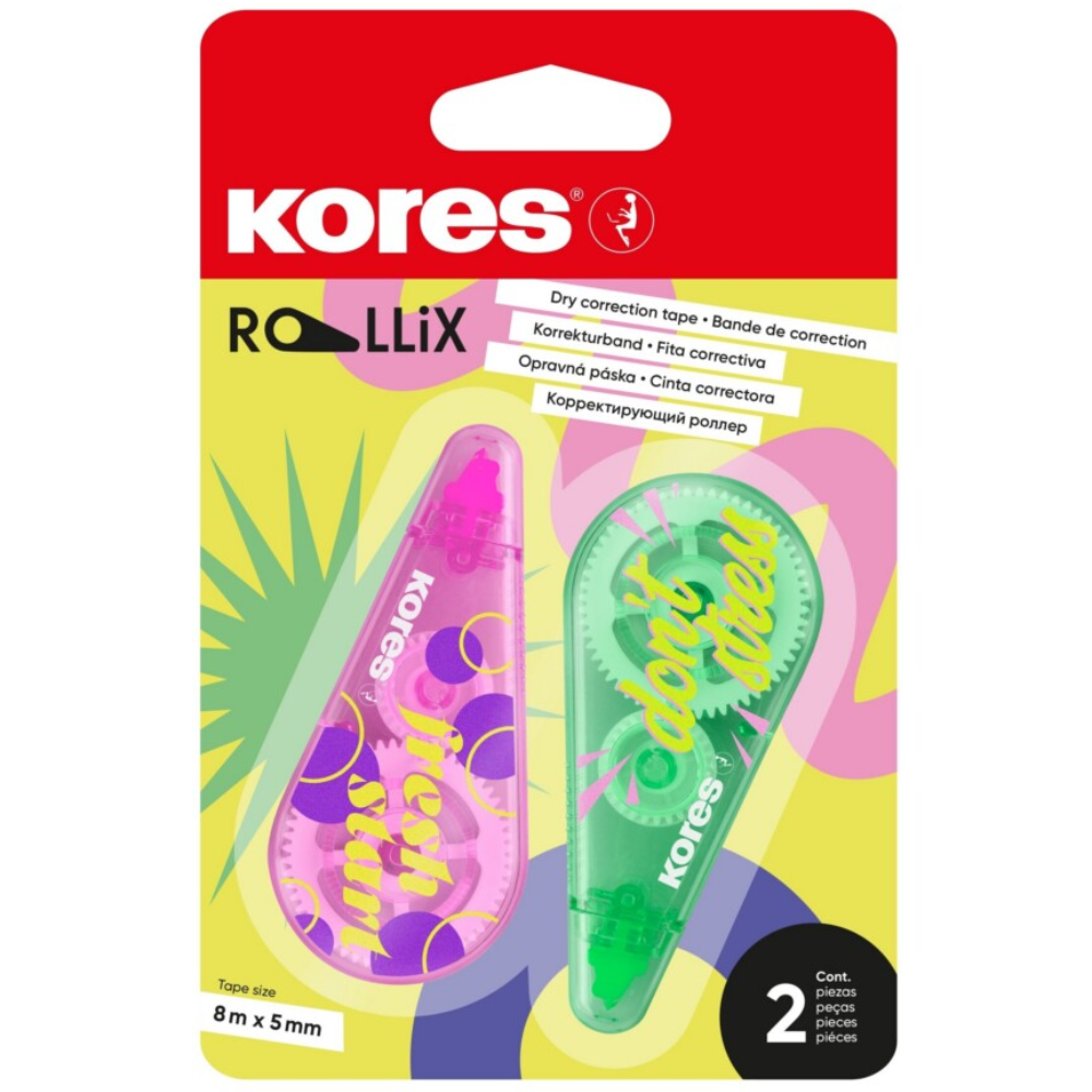 Корректор-роллер "Kores Rollix", 8x5 м/мм, 2 шт/упак, ассорти