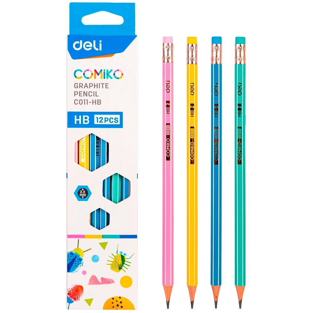 Карандаш простой "Comico", HB, с ластиком, ассорти