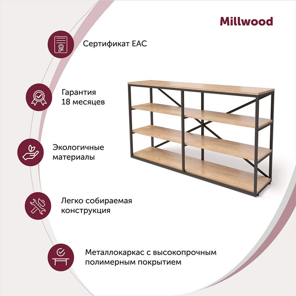 Стеллаж "Loft ОR-1", 1600х350х900 мм, черный, золотой крафт
