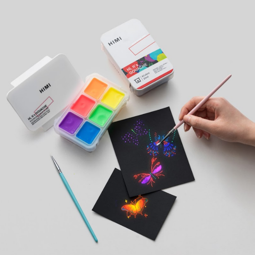 Краски гуашевые "Himi Jelly Cup.Glow in the dark. Bright color", набор 6 цветов, 23 мл., кювета, пластиковый футляр - 12