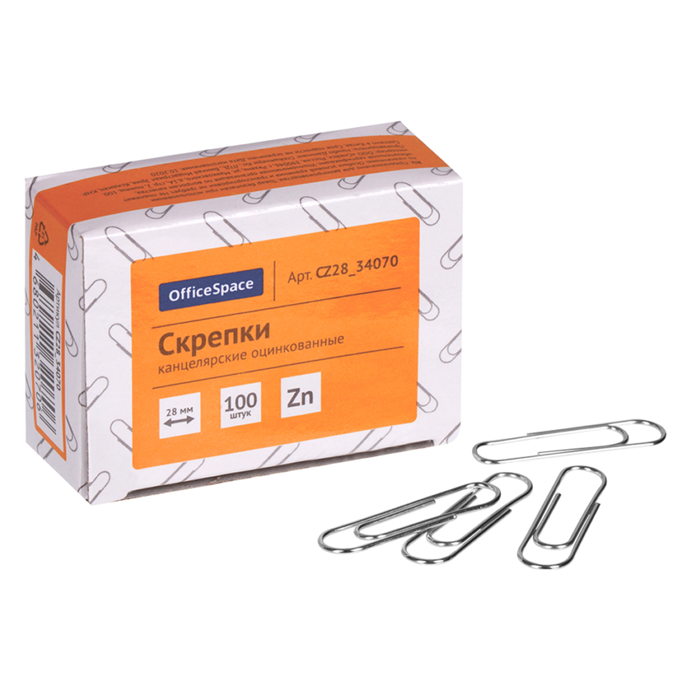Скрепки овальные "OfficeSpace", 28 мм, 100 штук, серебристый
