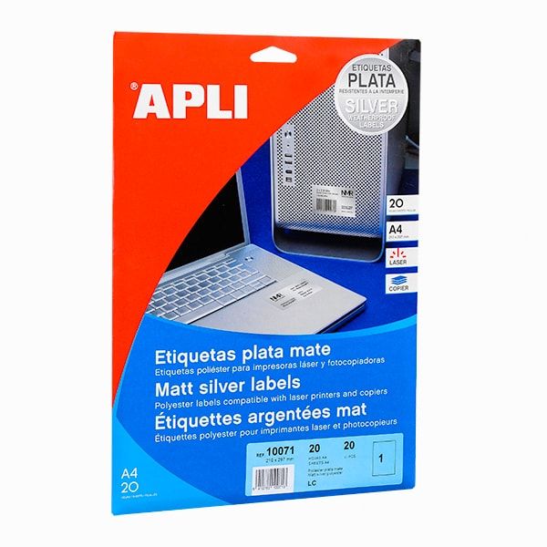Этикетки влагоустойчивые матовые из полиэстера "Apli", 210x297 мм, 20 листов, 1 шт, металлик