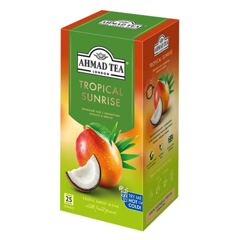 Чай "Ahmad Tea" Tropical Sunrise, 25 пакетиков х1.5 гр., зеленый, с ароматом кокоса и манго