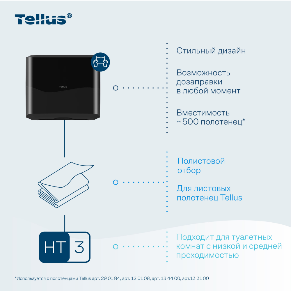 Диспенсер Tellus для полотенец листовых, мини, черный, HT3 - 15