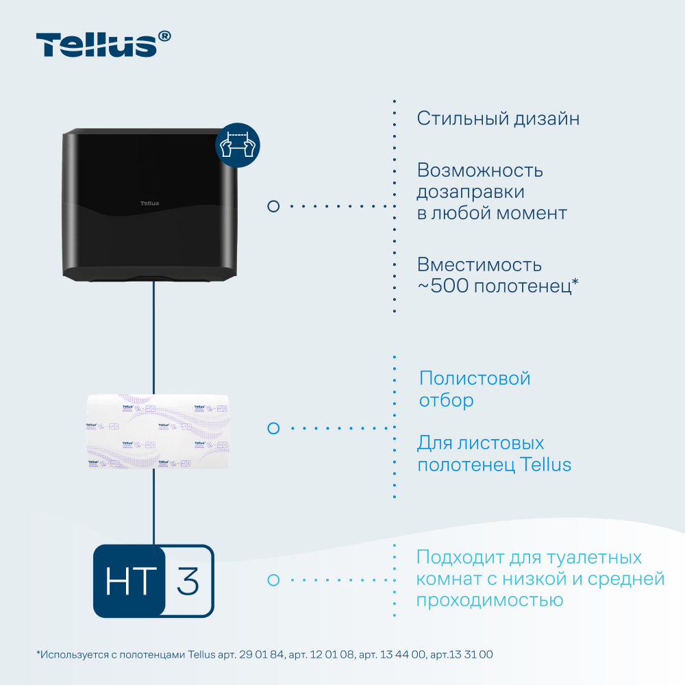Диспенсер Tellus для полотенец листовых, мини, черный, HT3 - 7