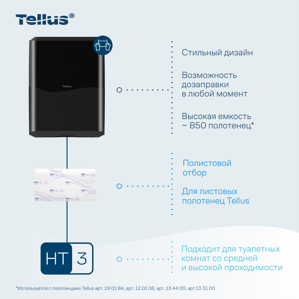 Диспенсер Tellus для полотенец листовых, черный, HT3 - 7