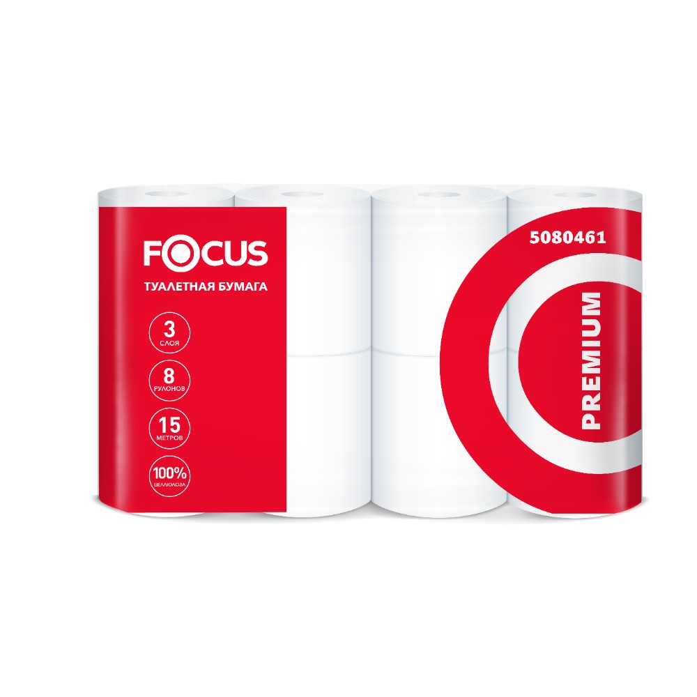 Бумага туалетная Focus Premium, 15 метров, 3 слоя, 8 рулонов, 100% целлюлоза