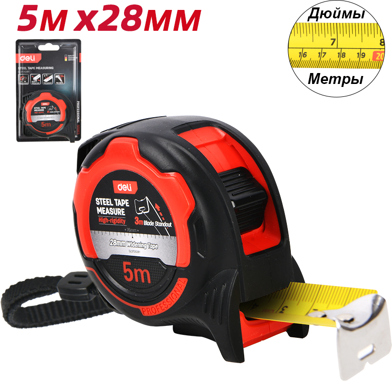 Рулетка "Deli 377528", 5 м, метрическая, дюймовая, черный, красный - 2