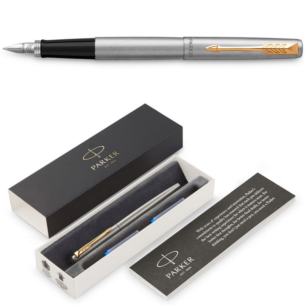 Ручка перьевая "Parker Jotter Stainless Steel CT", М, серебристый, золотистый, патрон синий - 3