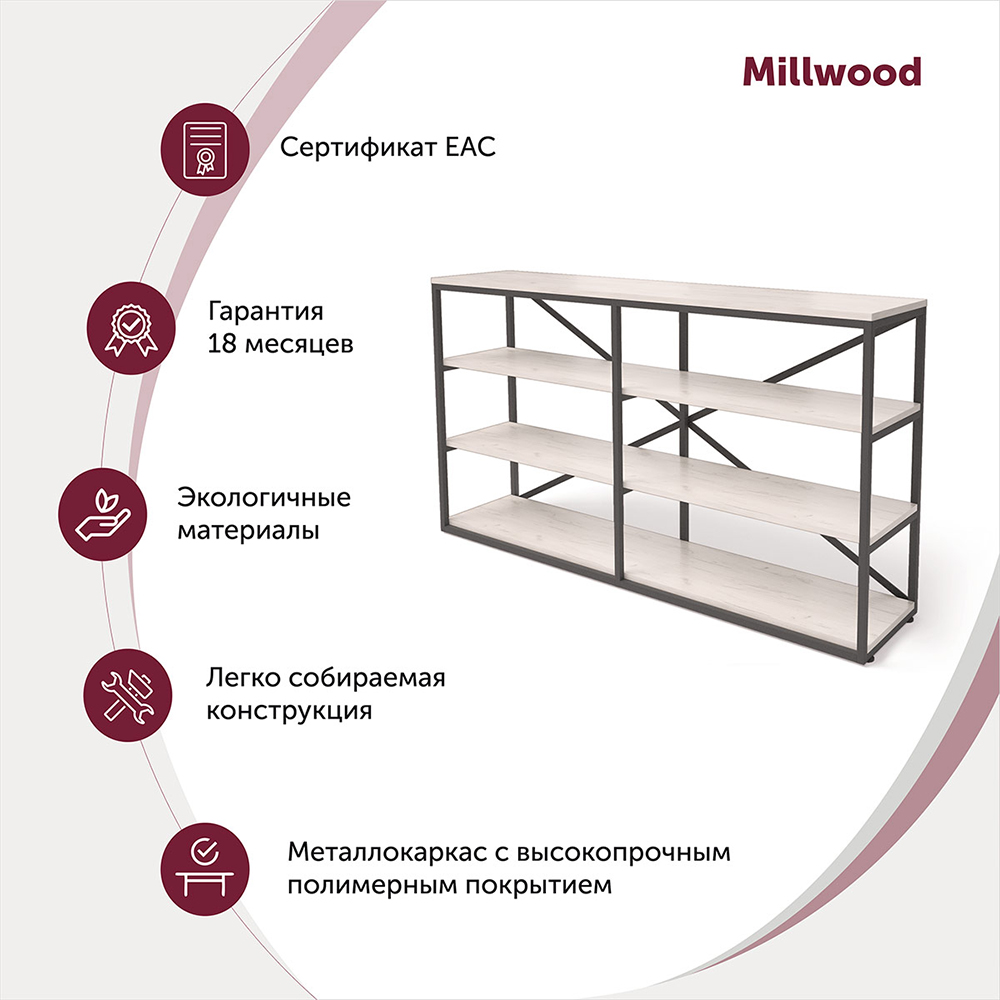 Стеллаж "Loft ОR-1", 1600х350х900 мм, черный, белый крафт