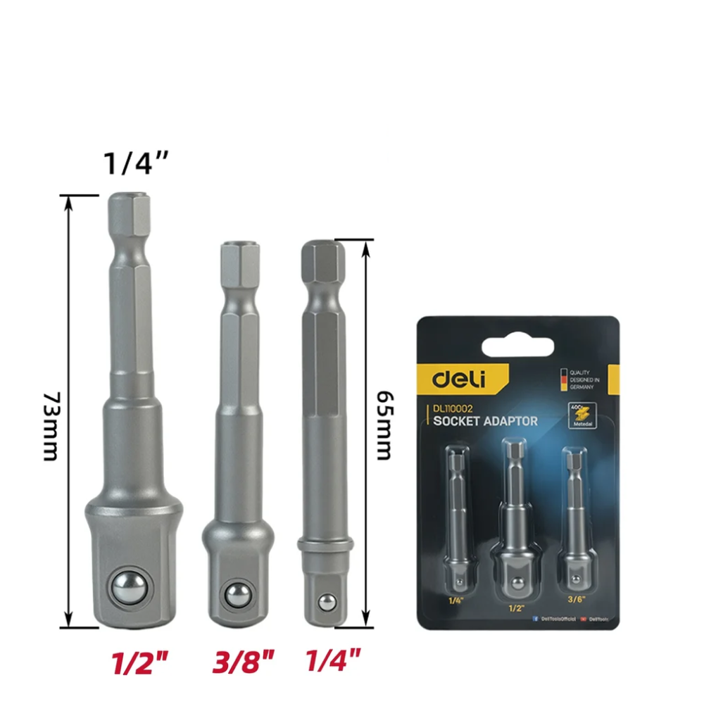 Набор адаптеров шестигранников Deli YS EDL110002, 1/4 на квадрат 1/4'', 3/8'', 1/2" - 2