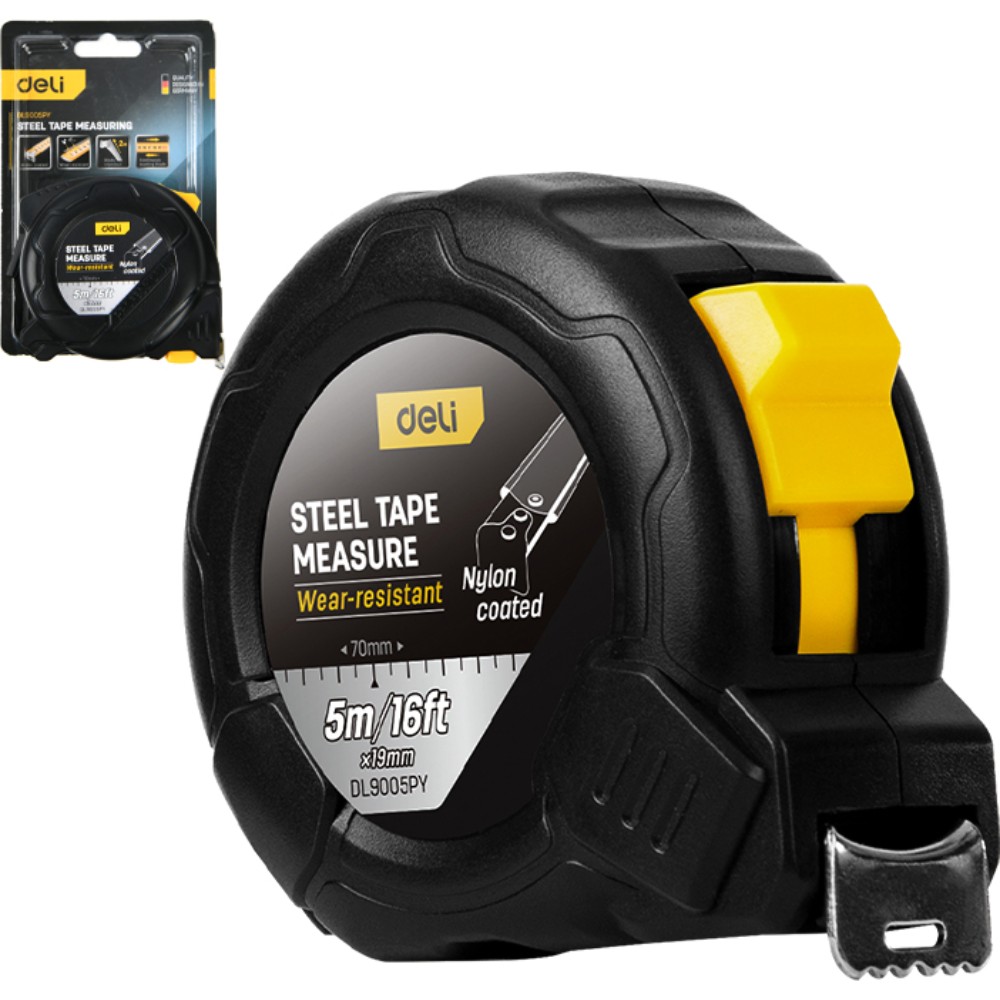 Рулетка Deli YS EDL9005PY, 5 м х 19 мм, нейлоновое покрытие, черный - 2
